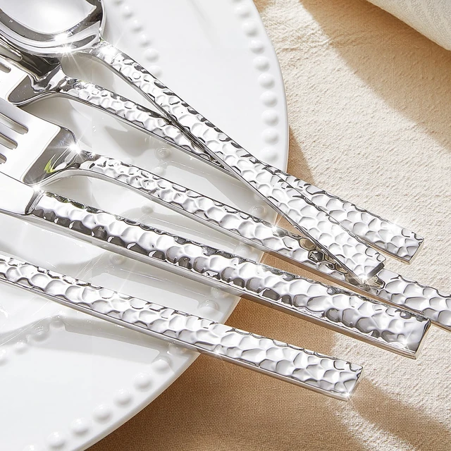 Alt view image 3 of 7 - 40-Piece Hammered Stainless Steel Flatware Set, 18/10 Rust Resistant Silverware Service for 8, Polished Hammered Utensils with Smooth Edge, Dishwasher Safe Tableware for Home Party Hotel