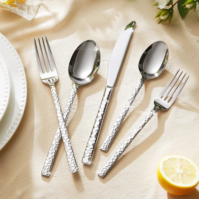 Alt view image 5 of 7 - 40-Piece Hammered Stainless Steel Flatware Set, 18/10 Rust Resistant Silverware Service for 8, Polished Hammered Utensils with Smooth Edge, Dishwasher Safe Tableware for Home Party Hotel