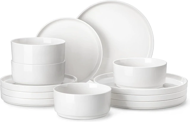 Main image of 12-Piece Modern White Porcelain Dinnerware Set for 4, Chip & Scratch Resistant Ceramic Plates and Bowls Set, High Temperature Fired Stackable Dining Ware, Microwave Dishwasher Safe Kitchen Tableware