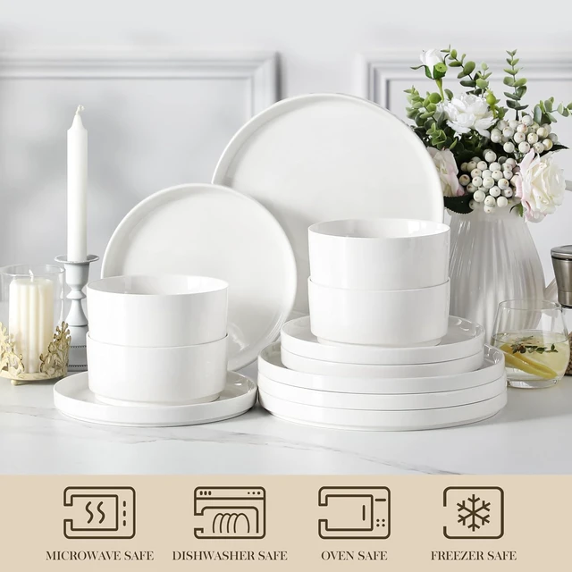 Alt view image 3 of 7 - 12-Piece Modern White Porcelain Dinnerware Set for 4, Chip & Scratch Resistant Ceramic Plates and Bowls Set, High Temperature Fired Stackable Dining Ware, Microwave Dishwasher Safe Kitchen Tableware