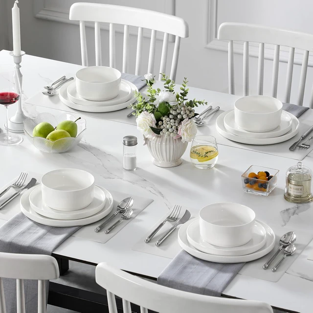 Alt view image 4 of 7 - 12-Piece Modern White Porcelain Dinnerware Set for 4, Chip & Scratch Resistant Ceramic Plates and Bowls Set, High Temperature Fired Stackable Dining Ware, Microwave Dishwasher Safe Kitchen Tableware