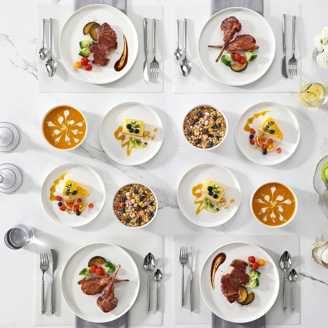 Alt view image 5 of 7 - 12-Piece Modern White Porcelain Dinnerware Set for 4, Chip & Scratch Resistant Ceramic Plates and Bowls Set, High Temperature Fired Stackable Dining Ware, Microwave Dishwasher Safe Kitchen Tableware
