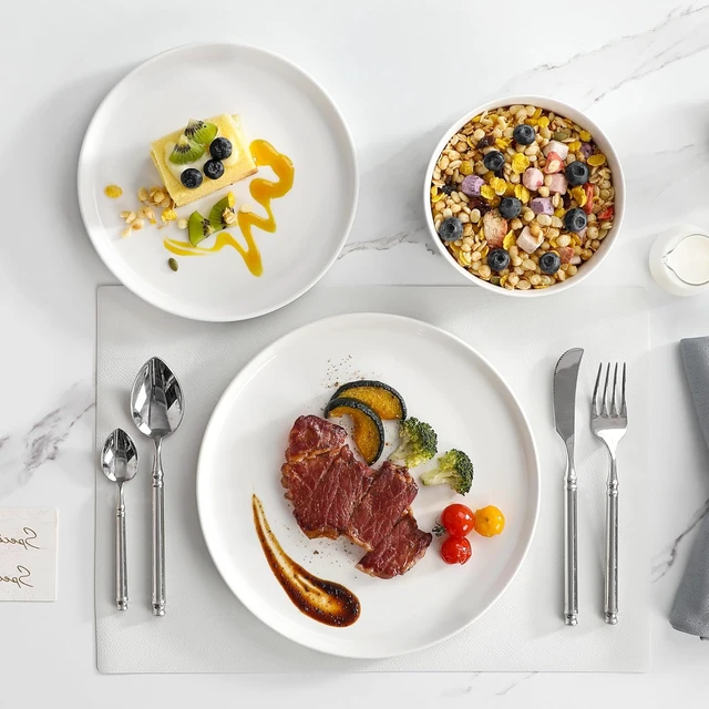 Alt view image 6 of 7 - 12-Piece Modern White Porcelain Dinnerware Set for 4, Chip & Scratch Resistant Ceramic Plates and Bowls Set, High Temperature Fired Stackable Dining Ware, Microwave Dishwasher Safe Kitchen Tableware