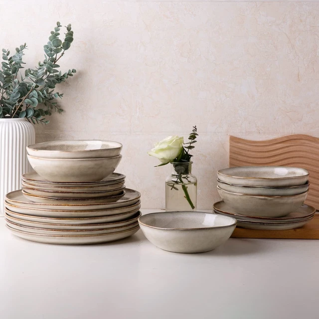 Main image of 12-Piece Ceramic Dinnerware Set for 4, Natural Glaze Unique Plates and Bowls Set, High Temperature Fired Chip Resistant Tableware, Microwave Dishwasher Freezer Safe Rustic Kitchen Dishes