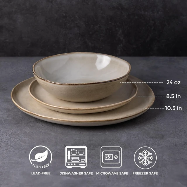 Alt view image 2 of 7 - 12-Piece Ceramic Dinnerware Set for 4, Natural Glaze Unique Plates and Bowls Set, High Temperature Fired Chip Resistant Tableware, Microwave Dishwasher Freezer Safe Rustic Kitchen Dishes