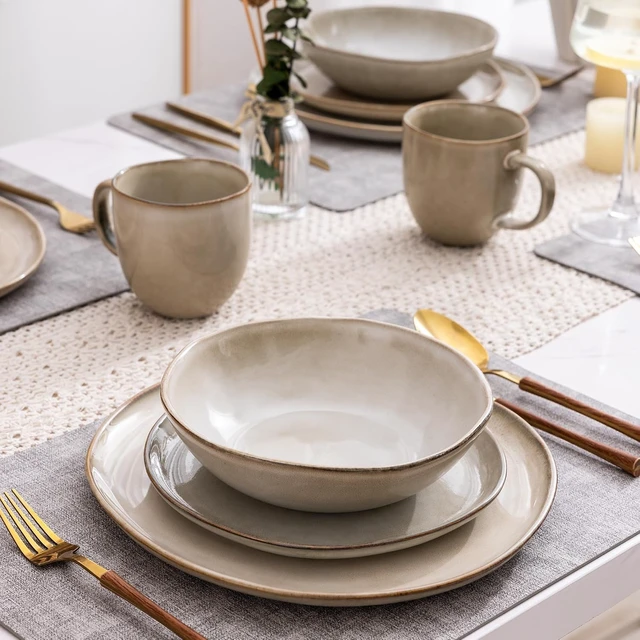 Alt view image 5 of 7 - 12-Piece Ceramic Dinnerware Set for 4, Natural Glaze Unique Plates and Bowls Set, High Temperature Fired Chip Resistant Tableware, Microwave Dishwasher Freezer Safe Rustic Kitchen Dishes