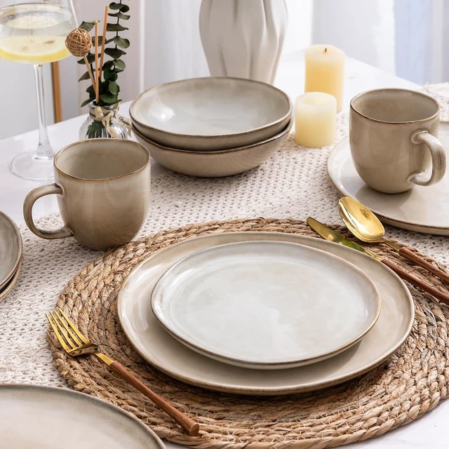 Alt view image 6 of 7 - 12-Piece Ceramic Dinnerware Set for 4, Natural Glaze Unique Plates and Bowls Set, High Temperature Fired Chip Resistant Tableware, Microwave Dishwasher Freezer Safe Rustic Kitchen Dishes