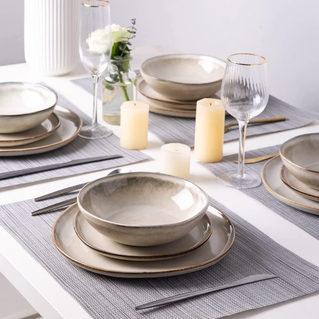 Alt view image 7 of 7 - 12-Piece Ceramic Dinnerware Set for 4, Natural Glaze Unique Plates and Bowls Set, High Temperature Fired Chip Resistant Tableware, Microwave Dishwasher Freezer Safe Rustic Kitchen Dishes