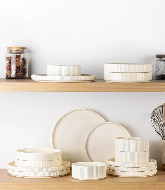 Alt view image 6 of 7 - 12-Piece Ceramic Dinnerware Set for 4, Double Reactive Glaze Plates and Bowls Set, High Temperature Fired Durable Tableware, Stackable Design, Oven Microwave Dishwasher Safe Rustic Home Dining Dishes