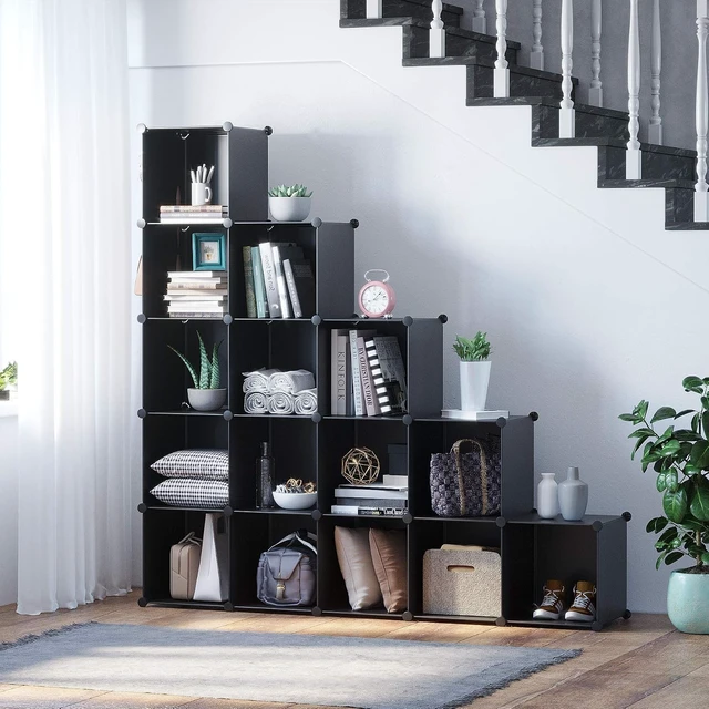 Alt view image 2 of 7 - 16 Cube Modular Storage Organizer, Black Stackable Plastic Cube Shelf Unit with Metal Frame and ABS Connectors, DIY Freestanding Closet Storage System for Home Bedroom Office, 48.4 x 12.4 x 48.4 Inch
