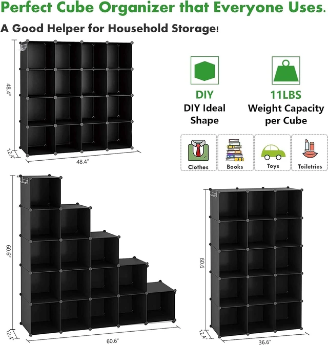 Alt view image 3 of 7 - 16 Cube Modular Storage Organizer, Black Stackable Plastic Cube Shelf Unit with Metal Frame and ABS Connectors, DIY Freestanding Closet Storage System for Home Bedroom Office, 48.4 x 12.4 x 48.4 Inch
