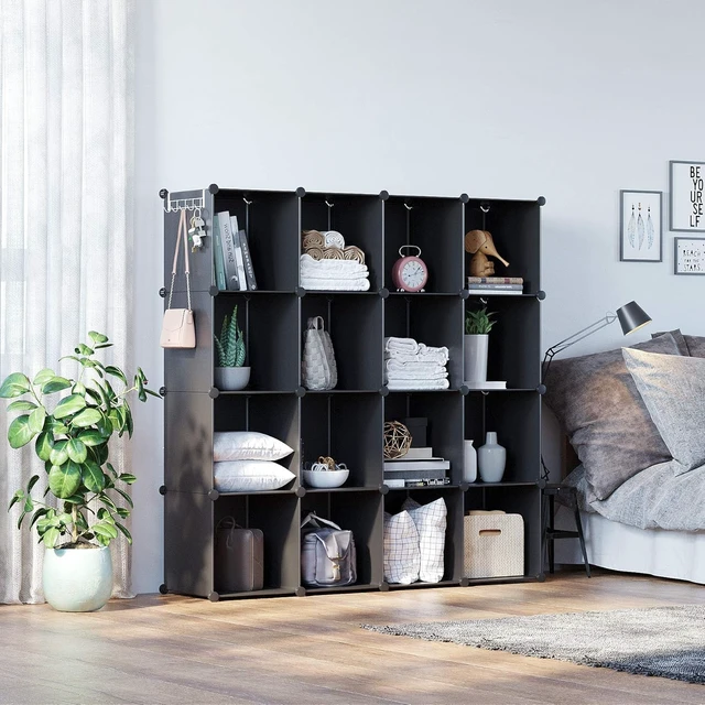 Alt view image 4 of 7 - 16 Cube Modular Storage Organizer, Black Stackable Plastic Cube Shelf Unit with Metal Frame and ABS Connectors, DIY Freestanding Closet Storage System for Home Bedroom Office, 48.4 x 12.4 x 48.4 Inch