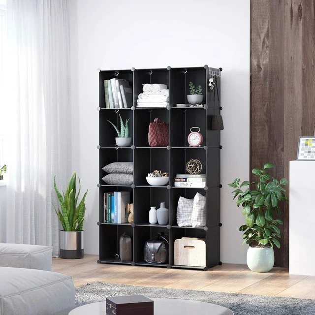 Alt view image 5 of 7 - 16 Cube Modular Storage Organizer, Black Stackable Plastic Cube Shelf Unit with Metal Frame and ABS Connectors, DIY Freestanding Closet Storage System for Home Bedroom Office, 48.4 x 12.4 x 48.4 Inch