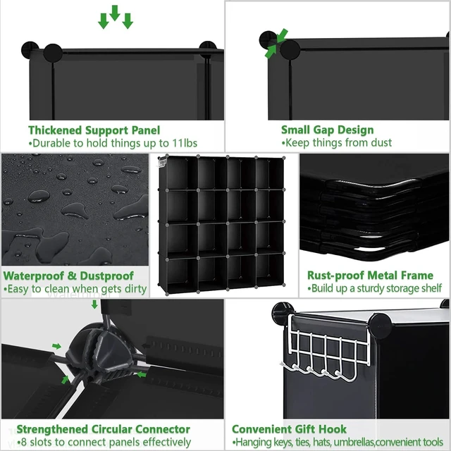 Alt view image 6 of 7 - 16 Cube Modular Storage Organizer, Black Stackable Plastic Cube Shelf Unit with Metal Frame and ABS Connectors, DIY Freestanding Closet Storage System for Home Bedroom Office, 48.4 x 12.4 x 48.4 Inch