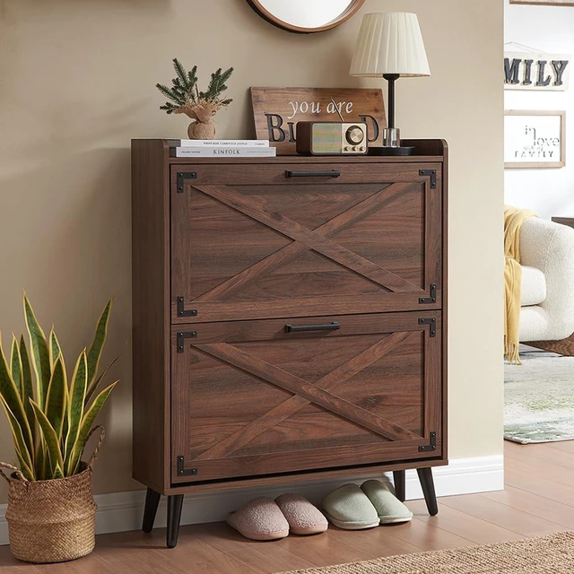 Main image of Farmhouse Shoe Storage Cabinet with 2 Flip Drawers & Barn Door | Freestanding Hidden Slim Narrow Shoe Rack, Adjustable Shelves,Wood Shoes Organizer for Entryway, Foyer, Hallway,Walnut