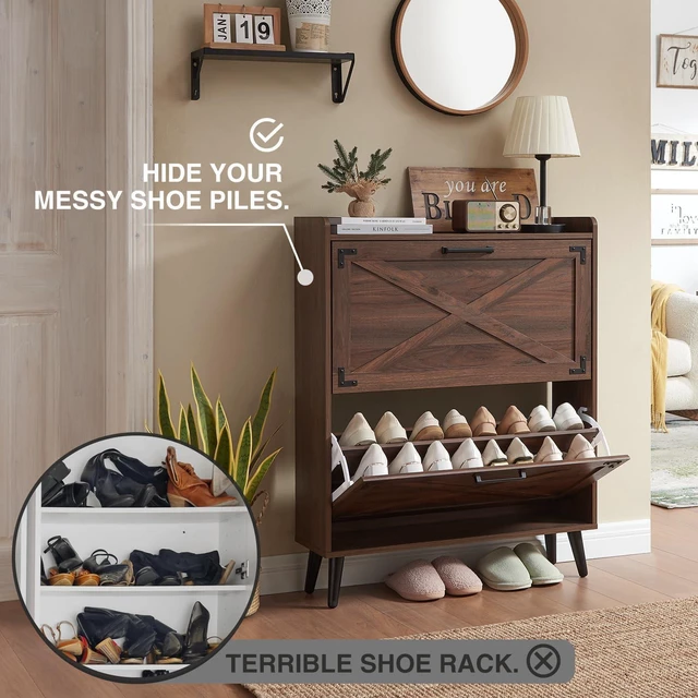 Alt view image 2 of 7 - Farmhouse Shoe Storage Cabinet with 2 Flip Drawers & Barn Door | Freestanding Hidden Slim Narrow Shoe Rack, Adjustable Shelves,Wood Shoes Organizer for Entryway, Foyer, Hallway,Walnut