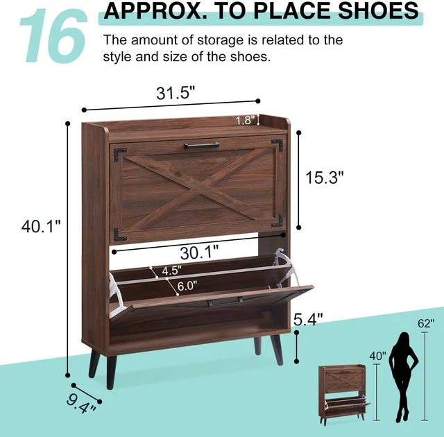 Alt view image 3 of 7 - Farmhouse Shoe Storage Cabinet with 2 Flip Drawers & Barn Door | Freestanding Hidden Slim Narrow Shoe Rack, Adjustable Shelves,Wood Shoes Organizer for Entryway, Foyer, Hallway,Walnut