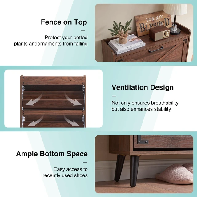Alt view image 4 of 7 - Farmhouse Shoe Storage Cabinet with 2 Flip Drawers & Barn Door | Freestanding Hidden Slim Narrow Shoe Rack, Adjustable Shelves,Wood Shoes Organizer for Entryway, Foyer, Hallway,Walnut