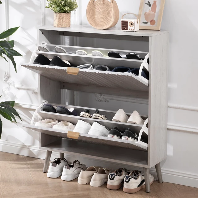 Alt view image 2 of 7 - Shoe Cabinet with 2 Flip Drawers, Freestanding Shoes Organizer for Entryway | Modern Shoes Storage Cabinet with 4 Wooden feet, Hidden Narrow Shoe Rack Cabinet for Foyer, Hallway, Mudroom, Grey