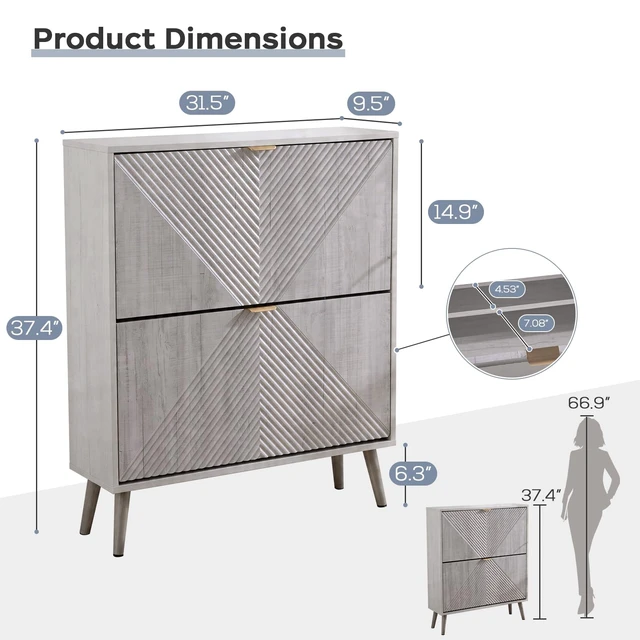 Alt view image 3 of 7 - Shoe Cabinet with 2 Flip Drawers, Freestanding Shoes Organizer for Entryway | Modern Shoes Storage Cabinet with 4 Wooden feet, Hidden Narrow Shoe Rack Cabinet for Foyer, Hallway, Mudroom, Grey