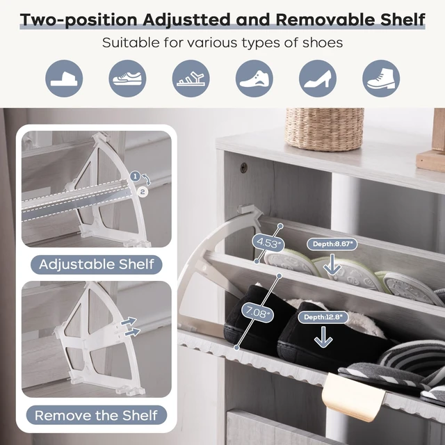 Alt view image 4 of 7 - Shoe Cabinet with 2 Flip Drawers, Freestanding Shoes Organizer for Entryway | Modern Shoes Storage Cabinet with 4 Wooden feet, Hidden Narrow Shoe Rack Cabinet for Foyer, Hallway, Mudroom, Grey
