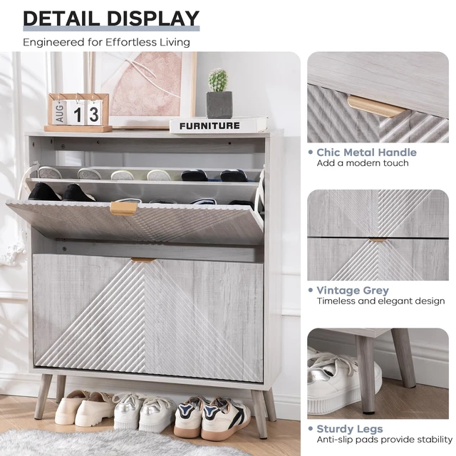 Alt view image 5 of 7 - Shoe Cabinet with 2 Flip Drawers, Freestanding Shoes Organizer for Entryway | Modern Shoes Storage Cabinet with 4 Wooden feet, Hidden Narrow Shoe Rack Cabinet for Foyer, Hallway, Mudroom, Grey