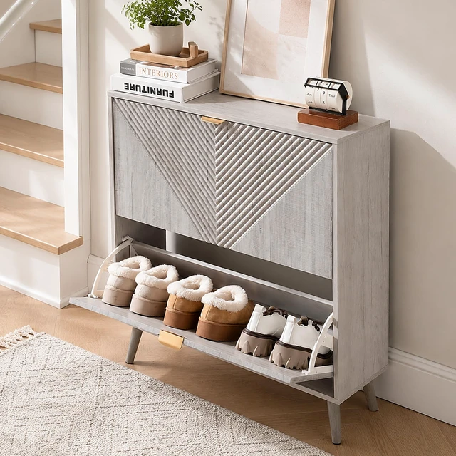 Alt view image 7 of 7 - Shoe Cabinet with 2 Flip Drawers, Freestanding Shoes Organizer for Entryway | Modern Shoes Storage Cabinet with 4 Wooden feet, Hidden Narrow Shoe Rack Cabinet for Foyer, Hallway, Mudroom, Grey
