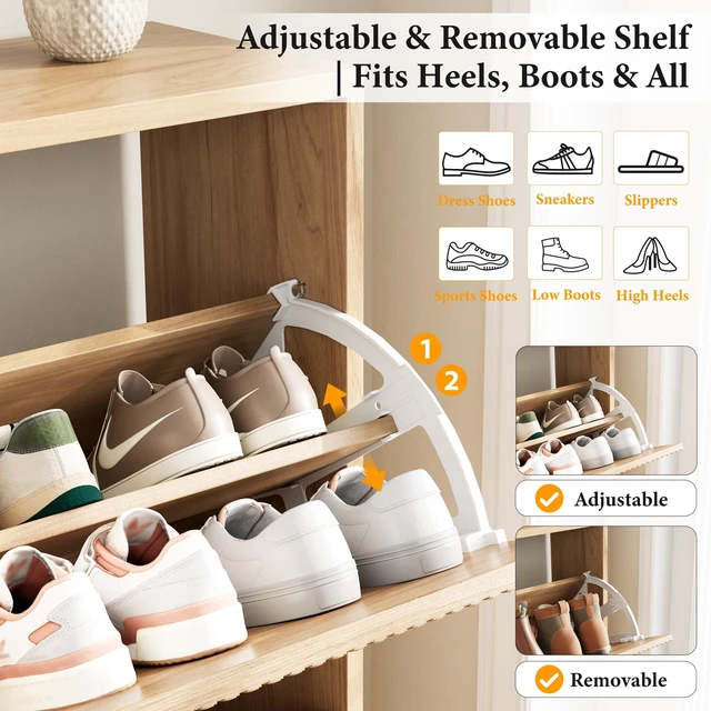 Alt view image 3 of 7 - Shoe Storage Cabinet for Entryway - Flip Shoe Cabinet with Tiered Fluted Design - Slim Shoe Storage Rack with Gold Legs - Narrow Shoe Cabinet Hidden Shoe Organizer for Small Spaces