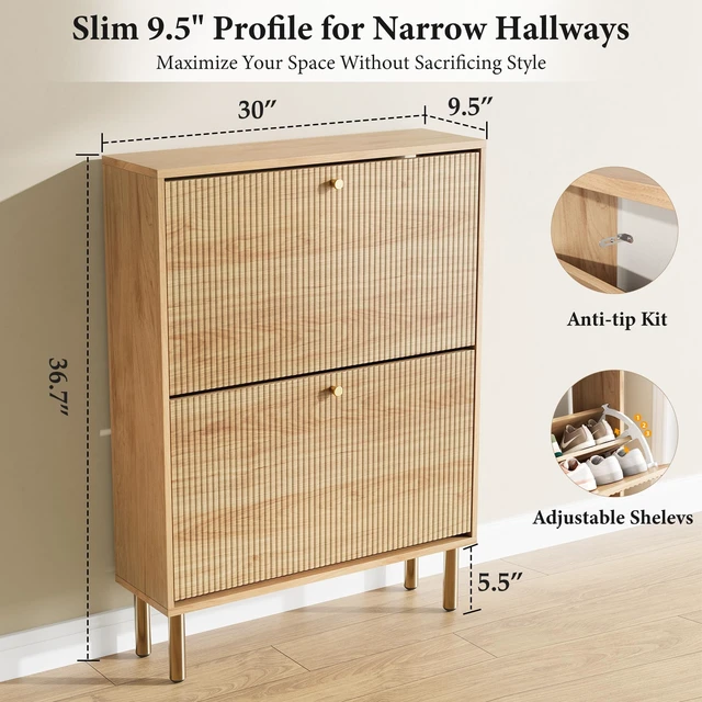 Alt view image 2 of 7 - Shoe Storage Cabinet for Entryway - Flip Shoe Cabinet with Tiered Fluted Design - Slim Shoe Storage Rack with Gold Legs - Narrow Shoe Cabinet Hidden Shoe Organizer for Small Spaces