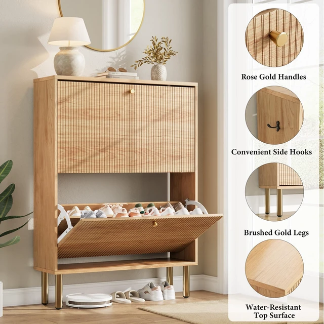 Alt view image 6 of 7 - Shoe Storage Cabinet for Entryway - Flip Shoe Cabinet with Tiered Fluted Design - Slim Shoe Storage Rack with Gold Legs - Narrow Shoe Cabinet Hidden Shoe Organizer for Small Spaces