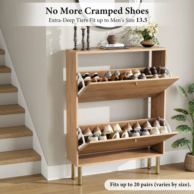 Alt view image 4 of 7 - Shoe Storage Cabinet for Entryway - Flip Shoe Cabinet with Tiered Fluted Design - Slim Shoe Storage Rack with Gold Legs - Narrow Shoe Cabinet Hidden Shoe Organizer for Small Spaces