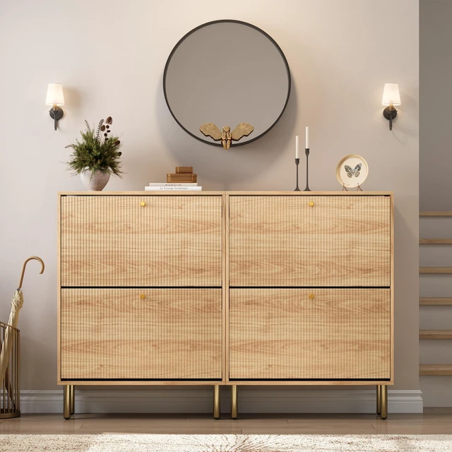 Alt view image 7 of 7 - Shoe Storage Cabinet for Entryway - Flip Shoe Cabinet with Tiered Fluted Design - Slim Shoe Storage Rack with Gold Legs - Narrow Shoe Cabinet Hidden Shoe Organizer for Small Spaces