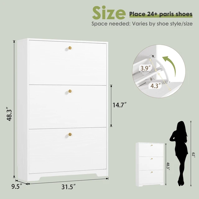 Alt view image 2 of 7 - Shoe Cabinet with 3 Flip Drawers, Narrow Shoe Organizer Cabinet, Freestanding Shoe Rack Cabinet, Modern Shoe Storage Cabinet for Entryway, Hallway, Foyer, White