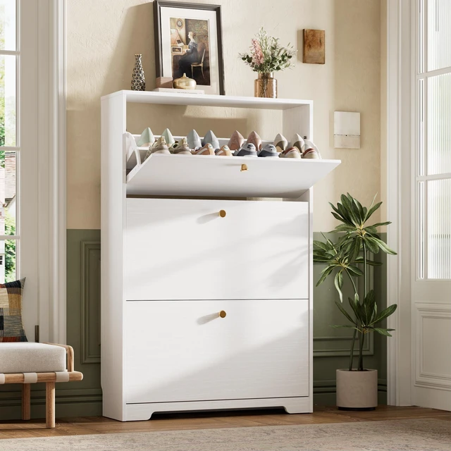 Main image of Shoe Cabinet with 3 Flip Drawers, Narrow Shoe Organizer Cabinet, Freestanding Shoe Rack Cabinet, Modern Shoe Storage Cabinet for Entryway, Hallway, Foyer, White