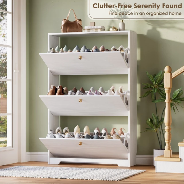 Alt view image 4 of 7 - Shoe Cabinet with 3 Flip Drawers, Narrow Shoe Organizer Cabinet, Freestanding Shoe Rack Cabinet, Modern Shoe Storage Cabinet for Entryway, Hallway, Foyer, White