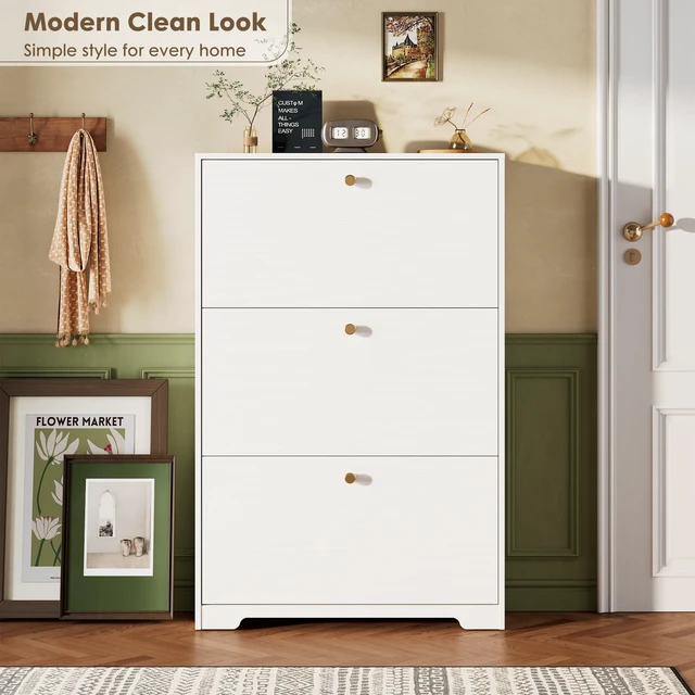 Alt view image 5 of 7 - Shoe Cabinet with 3 Flip Drawers, Narrow Shoe Organizer Cabinet, Freestanding Shoe Rack Cabinet, Modern Shoe Storage Cabinet for Entryway, Hallway, Foyer, White