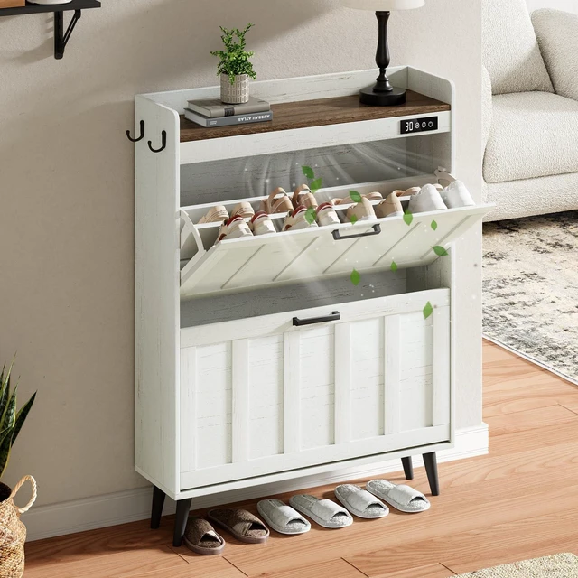 Main image of Shoe Storage Cabinet with 2 Flip Drawers for Entryway | Shoe Organizer Storage with Deodorizer, Freestanding Hidden Slim Narrow Shoe Rack Cabinet, Antique White & Brown