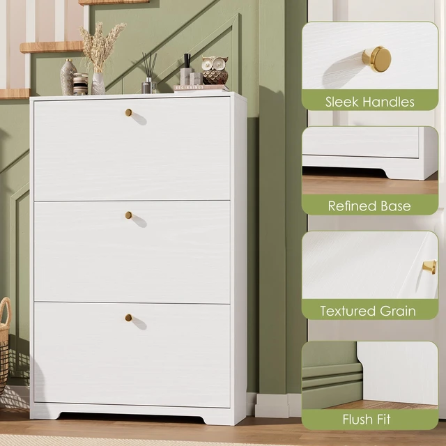 Alt view image 7 of 7 - Shoe Cabinet with 3 Flip Drawers, Narrow Shoe Organizer Cabinet, Freestanding Shoe Rack Cabinet, Modern Shoe Storage Cabinet for Entryway, Hallway, Foyer, White