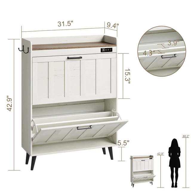 Alt view image 2 of 7 - Shoe Storage Cabinet with 2 Flip Drawers for Entryway | Shoe Organizer Storage with Deodorizer, Freestanding Hidden Slim Narrow Shoe Rack Cabinet, Antique White & Brown