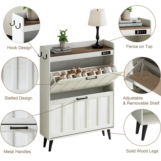 Alt view image 4 of 7 - Shoe Storage Cabinet with 2 Flip Drawers for Entryway | Shoe Organizer Storage with Deodorizer, Freestanding Hidden Slim Narrow Shoe Rack Cabinet, Antique White & Brown