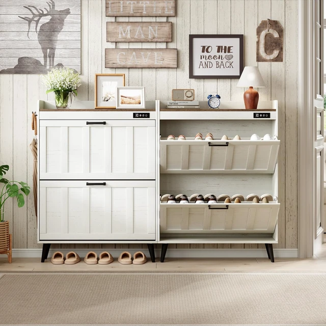 Alt view image 5 of 7 - Shoe Storage Cabinet with 2 Flip Drawers for Entryway | Shoe Organizer Storage with Deodorizer, Freestanding Hidden Slim Narrow Shoe Rack Cabinet, Antique White & Brown