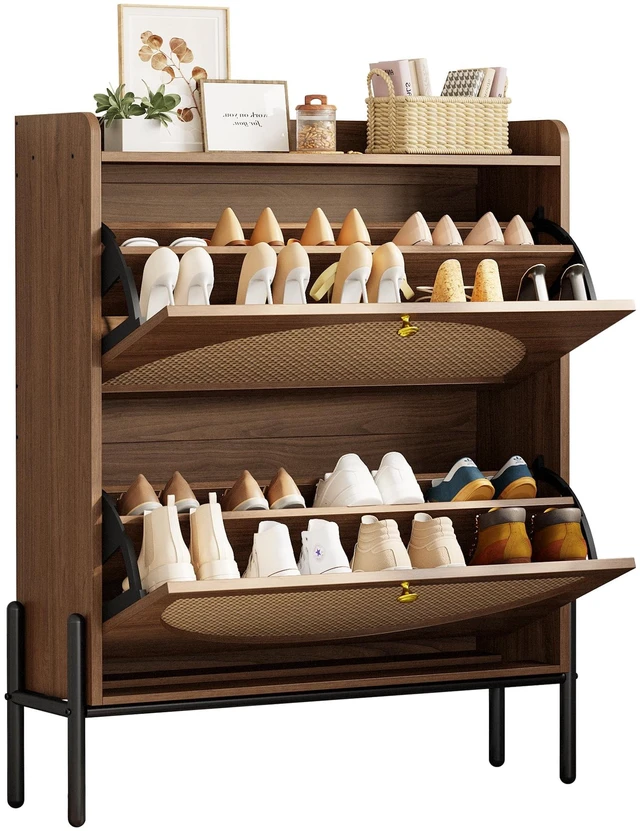 Main image of Rattan Shoe Cabinet Storage with 2 Flip Drawers, Walnut | Free Standing Wooden Shoe Storage Organizer Cabinet with Rattan Doors for Entryway, Narrow Shoe Rack Cabinet