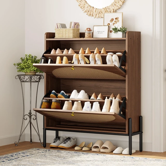 Alt view image 2 of 7 - Rattan Shoe Cabinet Storage with 2 Flip Drawers, Walnut | Free Standing Wooden Shoe Storage Organizer Cabinet with Rattan Doors for Entryway, Narrow Shoe Rack Cabinet