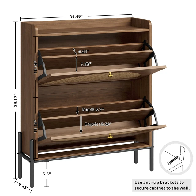 Alt view image 3 of 7 - Rattan Shoe Cabinet Storage with 2 Flip Drawers, Walnut | Free Standing Wooden Shoe Storage Organizer Cabinet with Rattan Doors for Entryway, Narrow Shoe Rack Cabinet