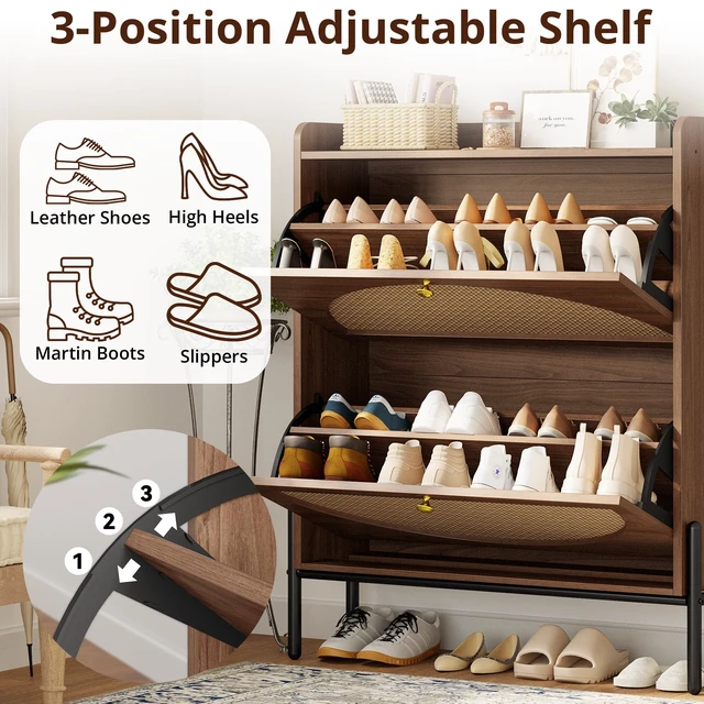 Alt view image 5 of 7 - Rattan Shoe Cabinet Storage with 2 Flip Drawers, Walnut | Free Standing Wooden Shoe Storage Organizer Cabinet with Rattan Doors for Entryway, Narrow Shoe Rack Cabinet