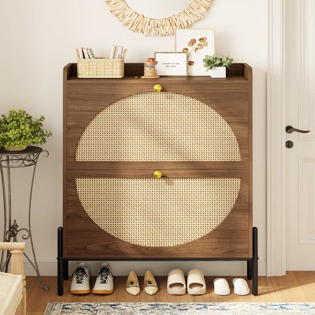 Alt view image 4 of 7 - Rattan Shoe Cabinet Storage with 2 Flip Drawers, Walnut | Free Standing Wooden Shoe Storage Organizer Cabinet with Rattan Doors for Entryway, Narrow Shoe Rack Cabinet