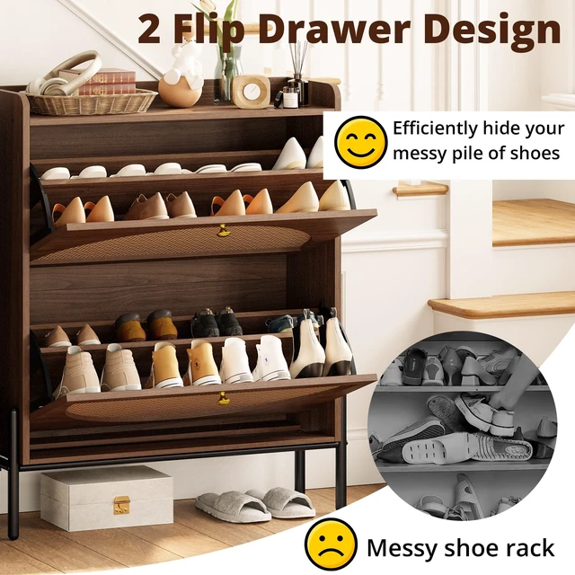 Alt view image 7 of 7 - Rattan Shoe Cabinet Storage with 2 Flip Drawers, Walnut | Free Standing Wooden Shoe Storage Organizer Cabinet with Rattan Doors for Entryway, Narrow Shoe Rack Cabinet