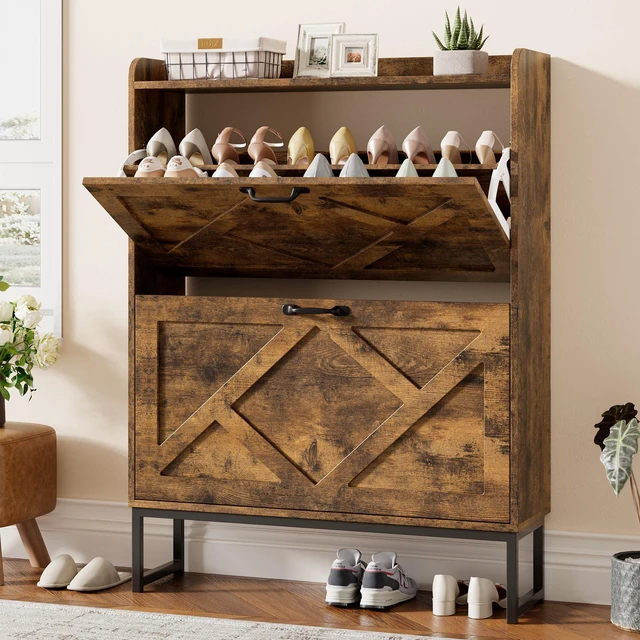 Main image of Shoe Storage Cabinet with 2 Flip Drawers, Freestanding Wood Shoe Organizer with Metal Legs, Farmhouse Slim Shoe Rack for Entryway, Foyer, Hallway, Rustic Brown