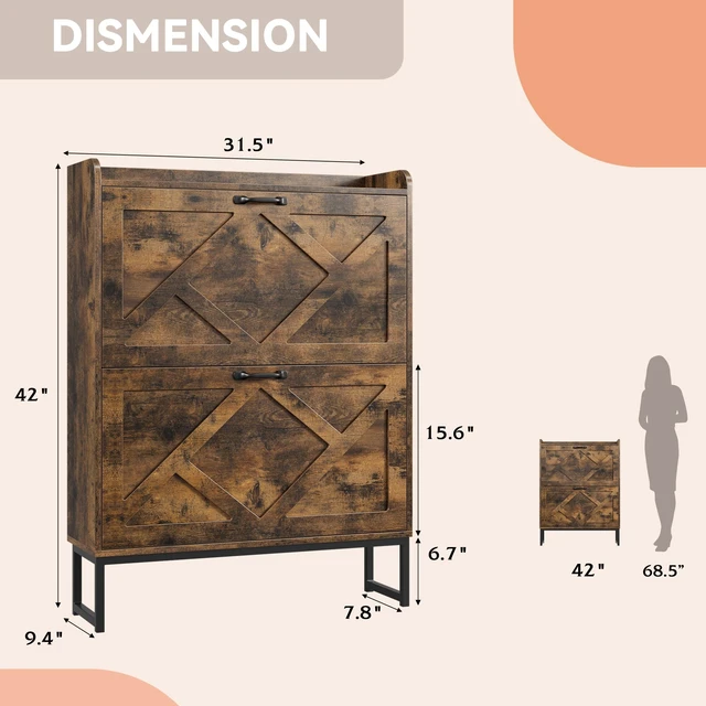 Alt view image 2 of 7 - Shoe Storage Cabinet with 2 Flip Drawers, Freestanding Wood Shoe Organizer with Metal Legs, Farmhouse Slim Shoe Rack for Entryway, Foyer, Hallway, Rustic Brown