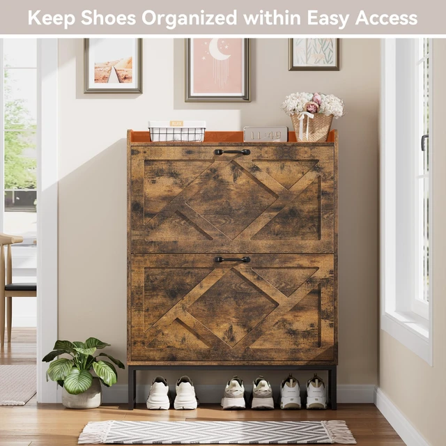 Alt view image 3 of 7 - Shoe Storage Cabinet with 2 Flip Drawers, Freestanding Wood Shoe Organizer with Metal Legs, Farmhouse Slim Shoe Rack for Entryway, Foyer, Hallway, Rustic Brown